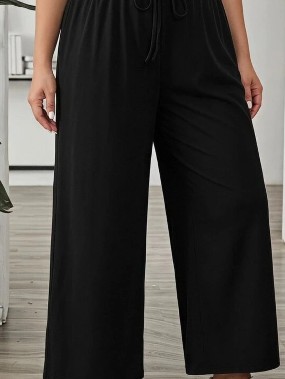 Black Wide Leg Palazzo Pants Elastic Waist Drawstring Size M